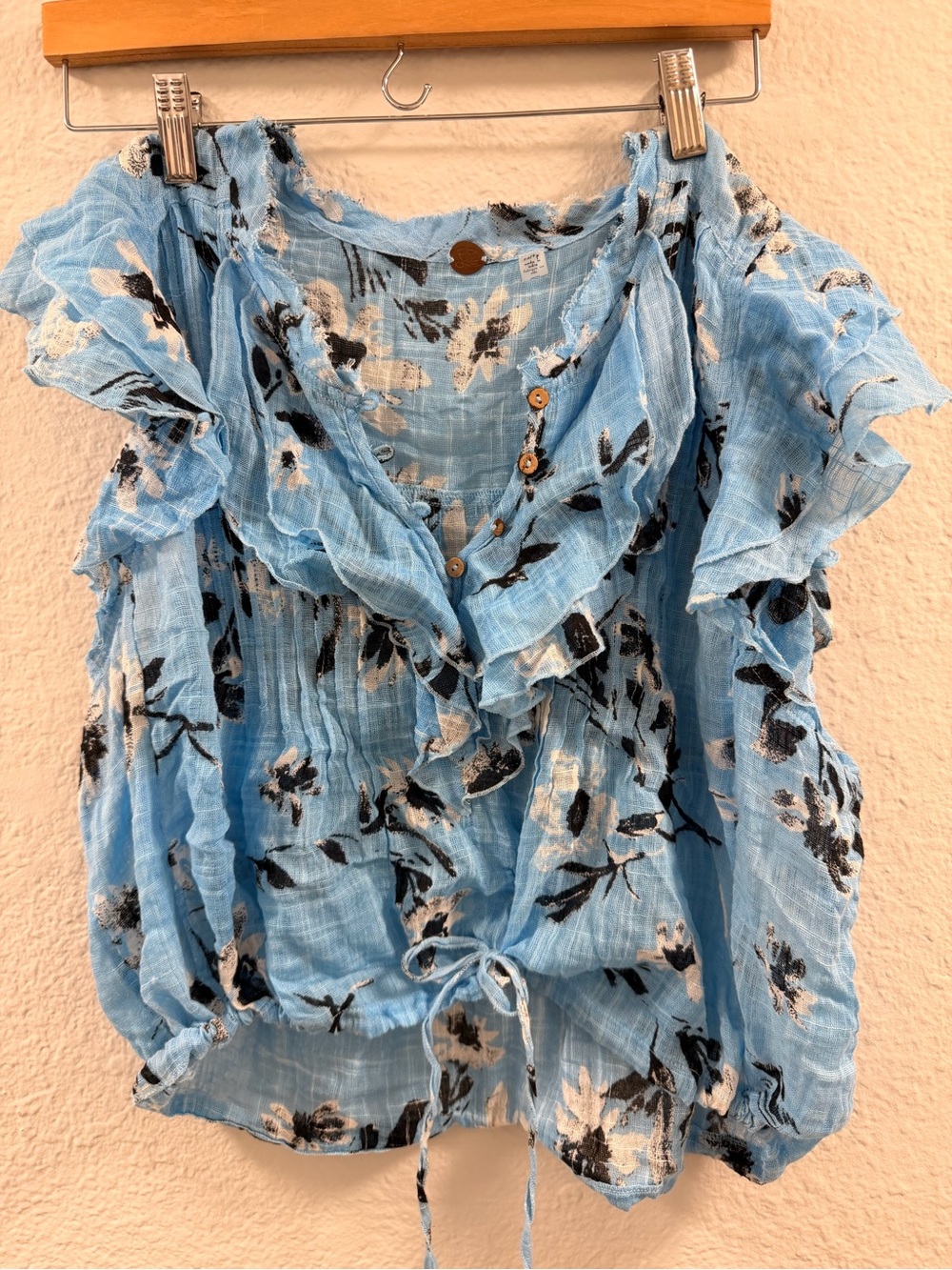 Free People Light Blue Floral Ruffle Tie-Waist Women's Top